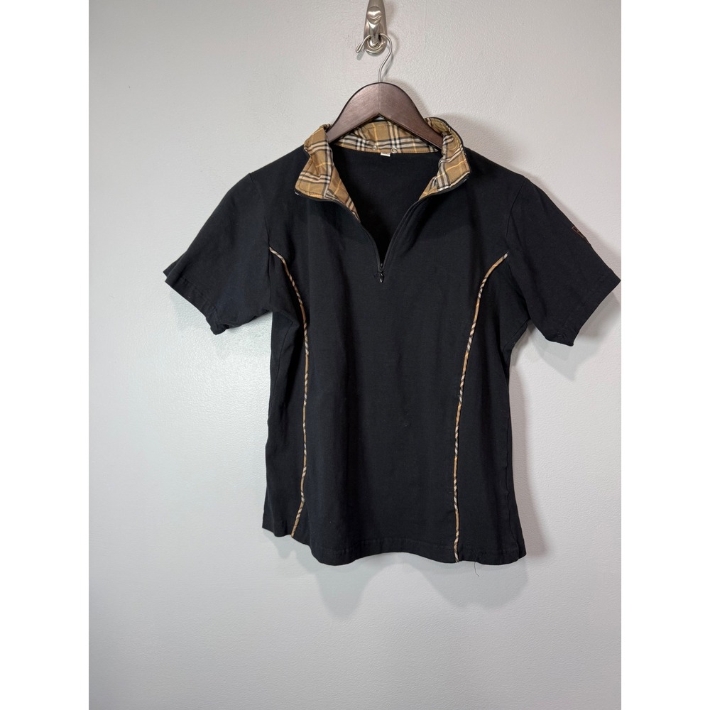 Riding Sport Womens XL Black Quarter Zip Plaid Trim Short Sleeve Polo Top